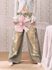 Denim Low Rise Lace Graphic Wide Leg Jeans
