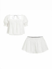 Cotton Puff Sleeve Crop Top & Low Rise Shorts Loungewear Set