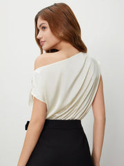 Satin Asymmetrical Neck Solid Ruched Bodysuit
