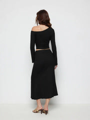 Asymmetrical Metal Detail Off-shoulder Top & Mid Rise A-line Midi Skirt Set