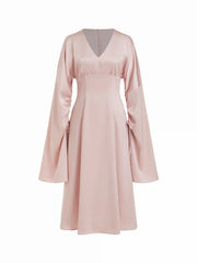 Satin V-neck Bell Sleeve Drawstring Flared Maxi Dress