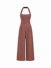 Halter Neckline Houndstooth Wide Leg Jumpsuit With Belt