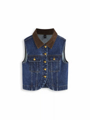 Denim Collar Colorblock Metal Button Top