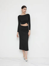 Boat Neckline Solid Twist Long Sleeve Crop Top & Mid Rise Solid Ruched Maxi Skirt