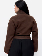 Knit Stand Collar Button Side Ruched Cinched Waist Top Curve & Plus