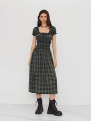 Square Neck Plaid Lettuce Trim Shirred Knotted Maxi Dress