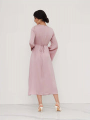 Satin Boat Neck Asymmetrical Sleeve Ruched Metal Detail Maxi Dress