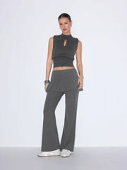 Cotton-blend Low Rise Pleated Flared Trousers