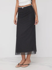 Mesh Mid Rise Bowknot Polka Dot Maxi Skirt