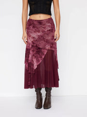 Mesh Mid Rise Floral Tie Dye Asymmetrical Hem Tulle Maxi Skirt