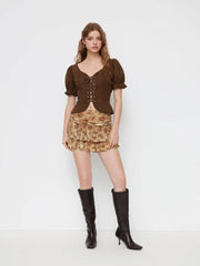 Corduroy Sweetheart Neck Puff Sleeve Lace Up Ruffle Trim Blouse