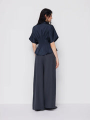 Satin Collar Pleated Cinched Short Sleeve Shirt