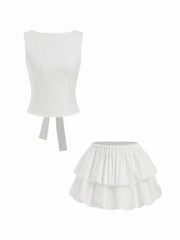 Cotton-blend Textured Boat Neck Bowknot Top & Mid Rise Layered Bubble Mini Skirt Set