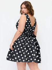 Boat Neck Knotted Polka Dot Backless Mini Dress Curve & Plus