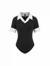 Cotton Collar V-Neck Short Sleeve Two Tone Bodysuit