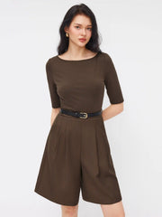 Boat Neck Mid-length Sleeve Romper With Belt