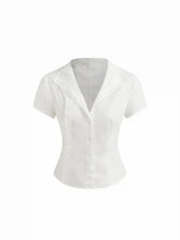 Cotton-blend Asymmetrical Neck Button Curved Hem Short Sleeve Blouse