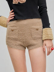 Middle Waist Solid Button Knitted Shorts