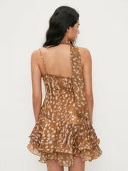 Animal Print Chiffon Cowl Neck Layered Layered Mini Dress With Scarf