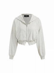 Terry Lettuce Trim Shirred Zip Through Crop Hoodie