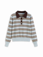 Knit Striped Polo Neck Long Sleeve Oversized Top
