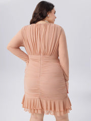 V Neck Ruched Ruffle Mini Dress Curve & Plus