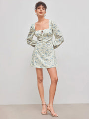 Corduroy Square Neck Floral Knotted Mini Dress