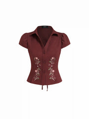 Cotton Floral Embroidery Puff Sleeve Blouse