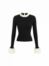 Knit Stand Collar Long Sleeve Colorblock Ruffle Trim Top
