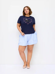 Cotton-blend Heart & Dog Graphic Embroidery Short Sleeve Top Curve & Plus