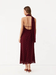 Chiffon Halter Neck Polka Dot Wrap Maxi Dress