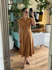 Cotton-blend Collar Cinched Waist Shirt Midi Dress