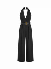 Halter Neckline Lace Trim Wide Leg Jumpsuit With Belt