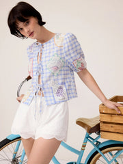 Linen-blend Gingham Fruit Graphic Tie Front Puff Sleeve Oversized Blouse