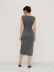 Boat Neck Ruched Split Maxi Dress