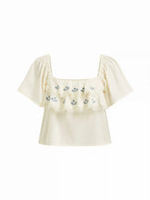 Cotton-blend Floral Embroidery Square Neck Ruffle Sleeve Blouse