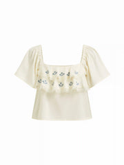 Cotton-blend Floral Embroidery Square Neck Ruffle Sleeve Blouse