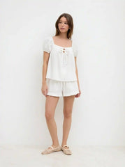Cotton-blend Stripe Tie Front Oversized Top & High Rise Lettuce Trim Shorts Set
