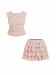 Textured Ruffled Knotted Top & Low Rise Tiered Mini Skort Set Curve & Plus
