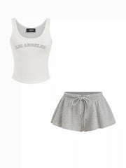 BROOKLYN Cotton-blend U-neckline Graphic Tank Top & Low Rise Knotted Wide Leg Shorts