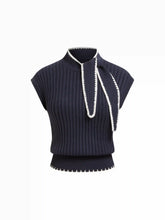 Knit High Neck Knotted Two Tone Top With Scarf