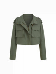 Cotton-blend Collar Zip Through Oversized Crop Jacket