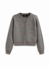 Knit Round Neckline Contrast Stitch Mushroom Embroidery Cardigan