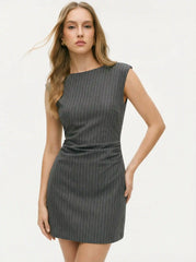 Striped Round Neckline Ruched Tie Back A-line Mini Dress