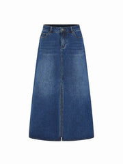 Stretch Denim Low Rise Split Maxi Skirt