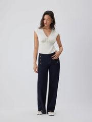 V-neck Lace Trim Ruched Bowknot Crop Blouse