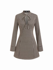 Plaid Stand Collar Long Sleeve Knotted Cut Out A-line Mini Dress