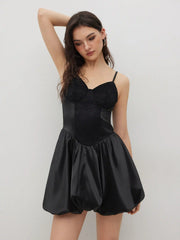Satin Sweetheart Floral Lace Trim Bubble Hem Mini Dress