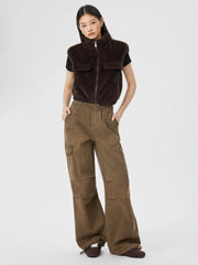 Denim Mid Rise Drawstring Wide Leg Cargo Jeans