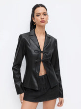 Faux Leather Collar Bell Sleeve Tie Front Bow Jacket